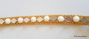 Gold Woven Thread Lace Trim With Mirror And Pearl Embellishments, Approx. 16mm Wide